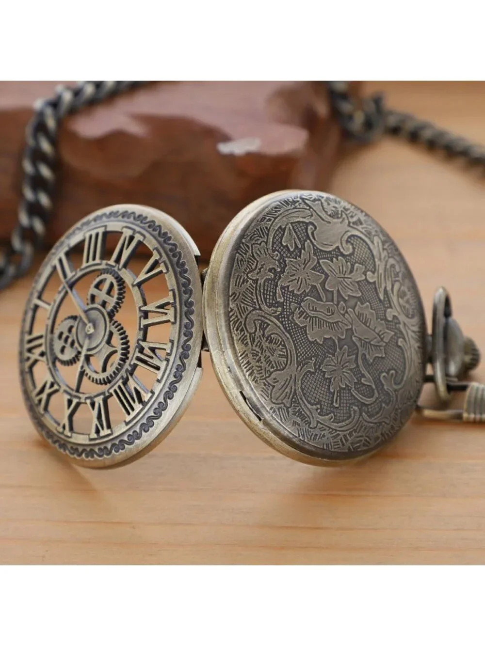 Men's Brown Analog Quartz Arabic Numeral Three Small Gear Chain Pocket Watch
